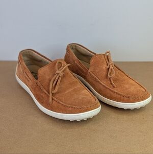 Tod's | Suede Boat Shoes, Tangerine Brown Suede, w White Dotted Sole, Size 7